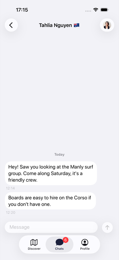 A one-to-one conversation inviting someone to a surf group