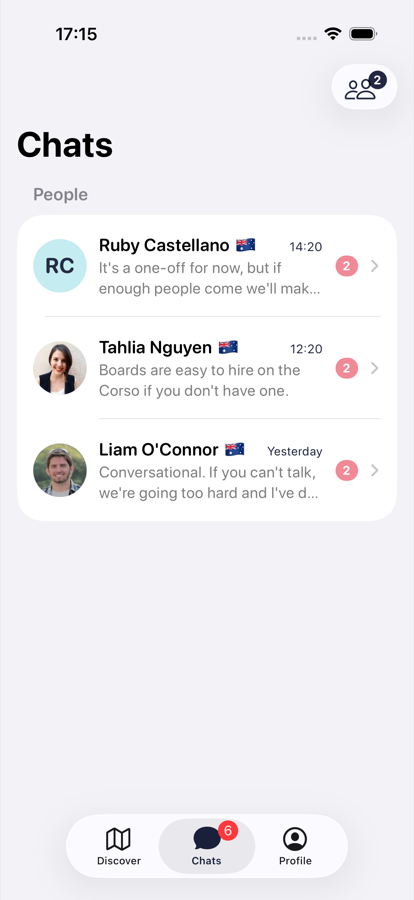 The chats list, split into groups and people