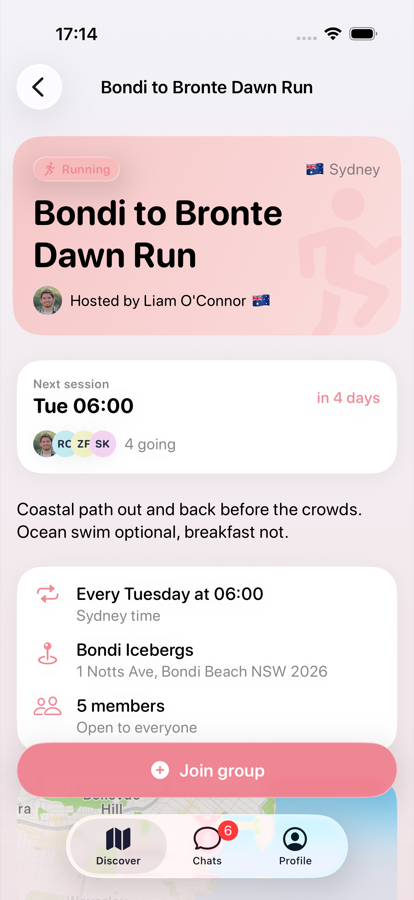 A coffee group's page showing the next session, venue and members