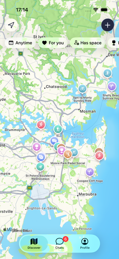 The MeetMeHere map showing recurring groups around Sydney